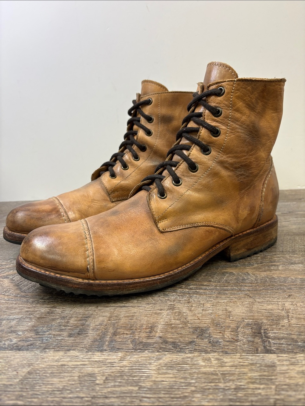 Bed|Stü Protege Tan Rustic White Distressed Leather Combat Boots Mens Size 10.5